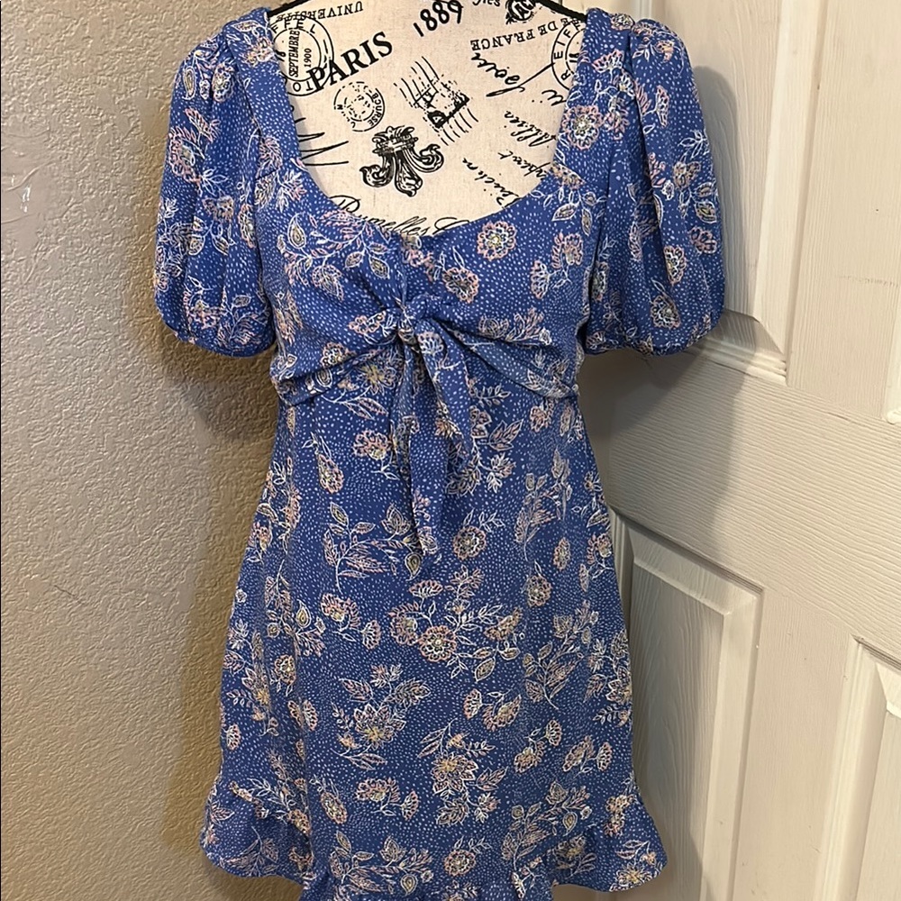Sienna Sky size small Blue Floral Puff Sleeve Dress with front tie, smocked back